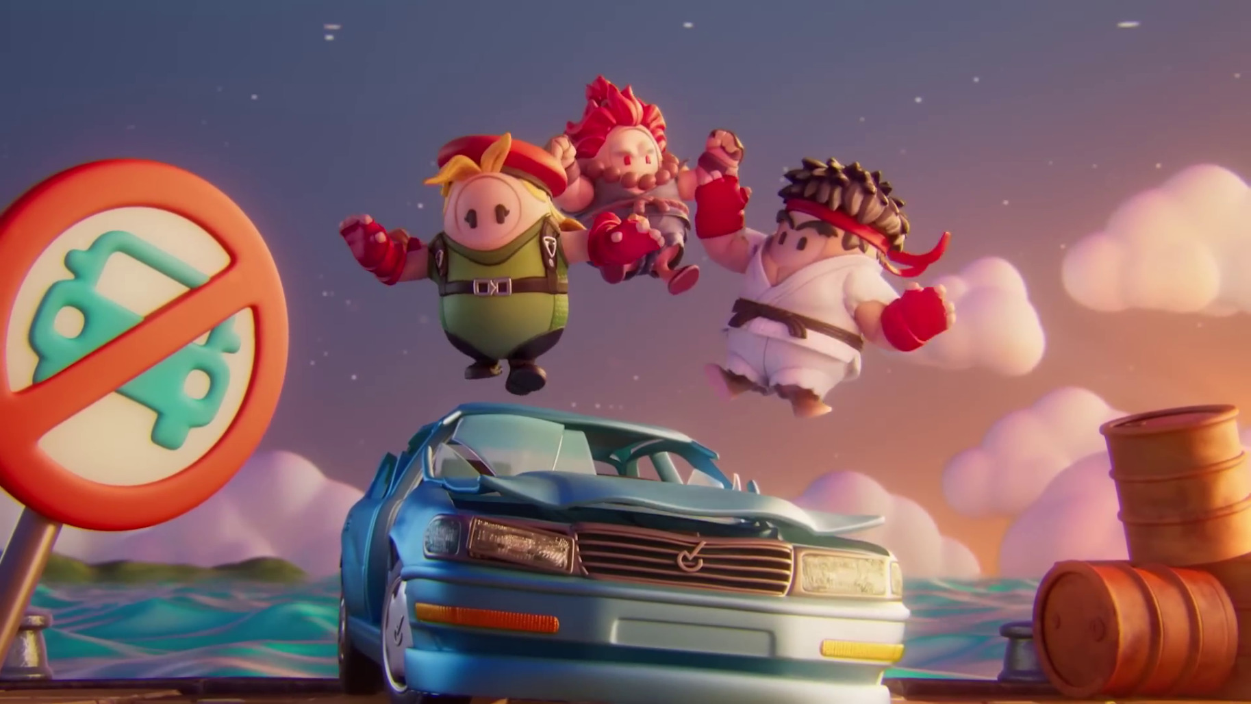 FallGuys Street Fighter CX Trailer - Cammy, Akuma, and Ryu Jumping on a Car