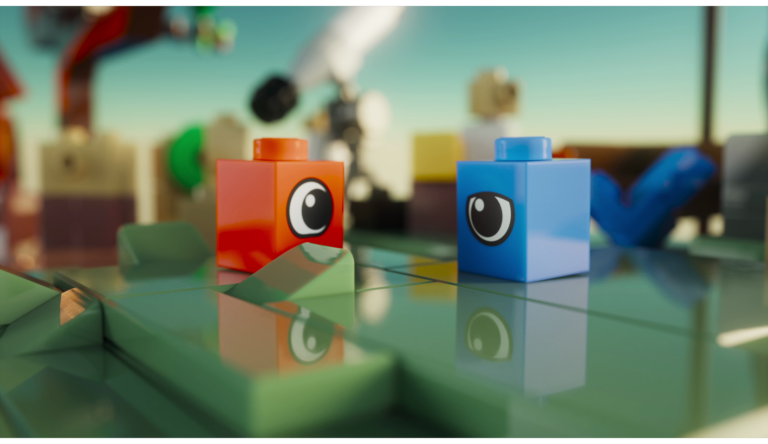 Two LEGO bricks with an eye are best friends. One is excited, the other is tired
